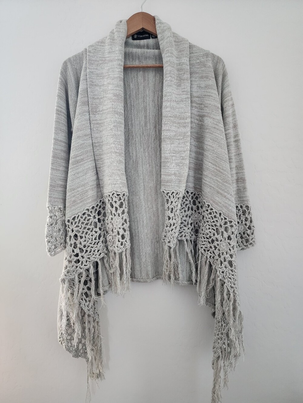 Versona Light Gray Crochet Fringe Open Front Women's Sweater Cardigan, M